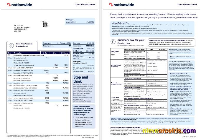 United Kingdom Nationwide bank statement current version, 2 pages